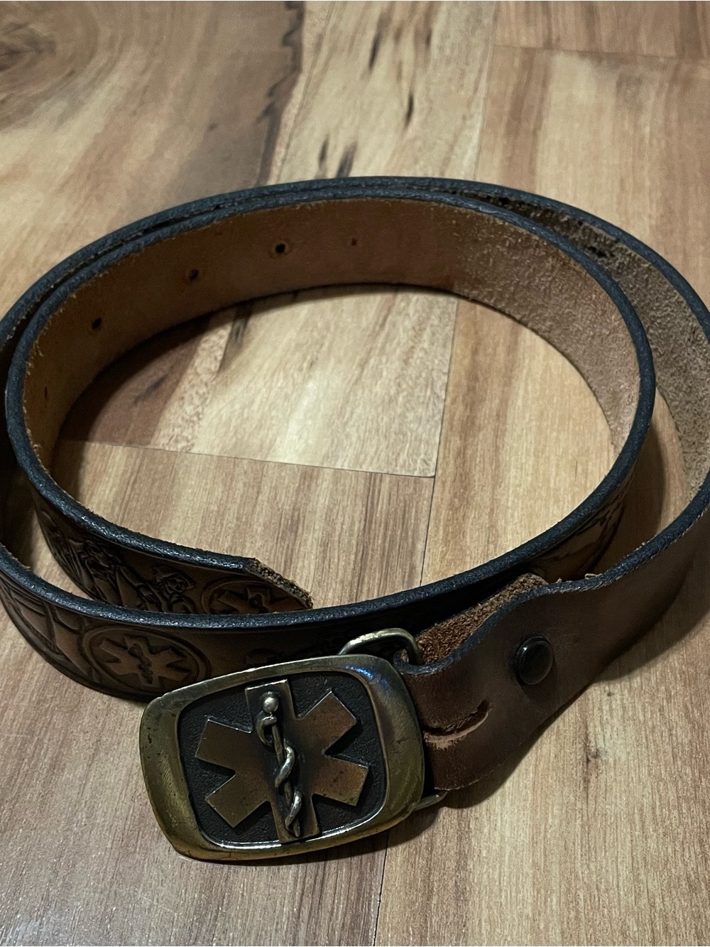 Vintage 83’ EMT Embossed Leather Belt with Star of Life Brass Buckle